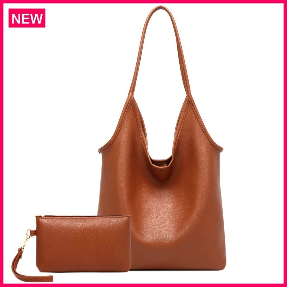 Large Vegan Leather Hobo Shoulder Bag with Cosmetic Pouch for Everyday Use